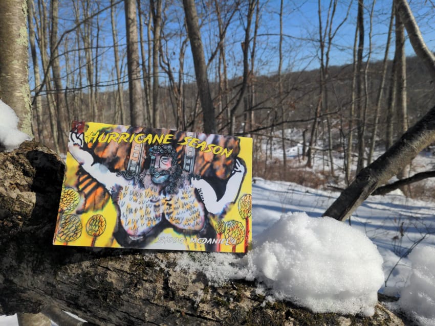 Shoog McDaniel's illustrated zine Hurricane Season sits on a snowy branch, a winter landscape behind. The bright cover features a yellow backdrop and a hairy-titted figure with arms in the air.